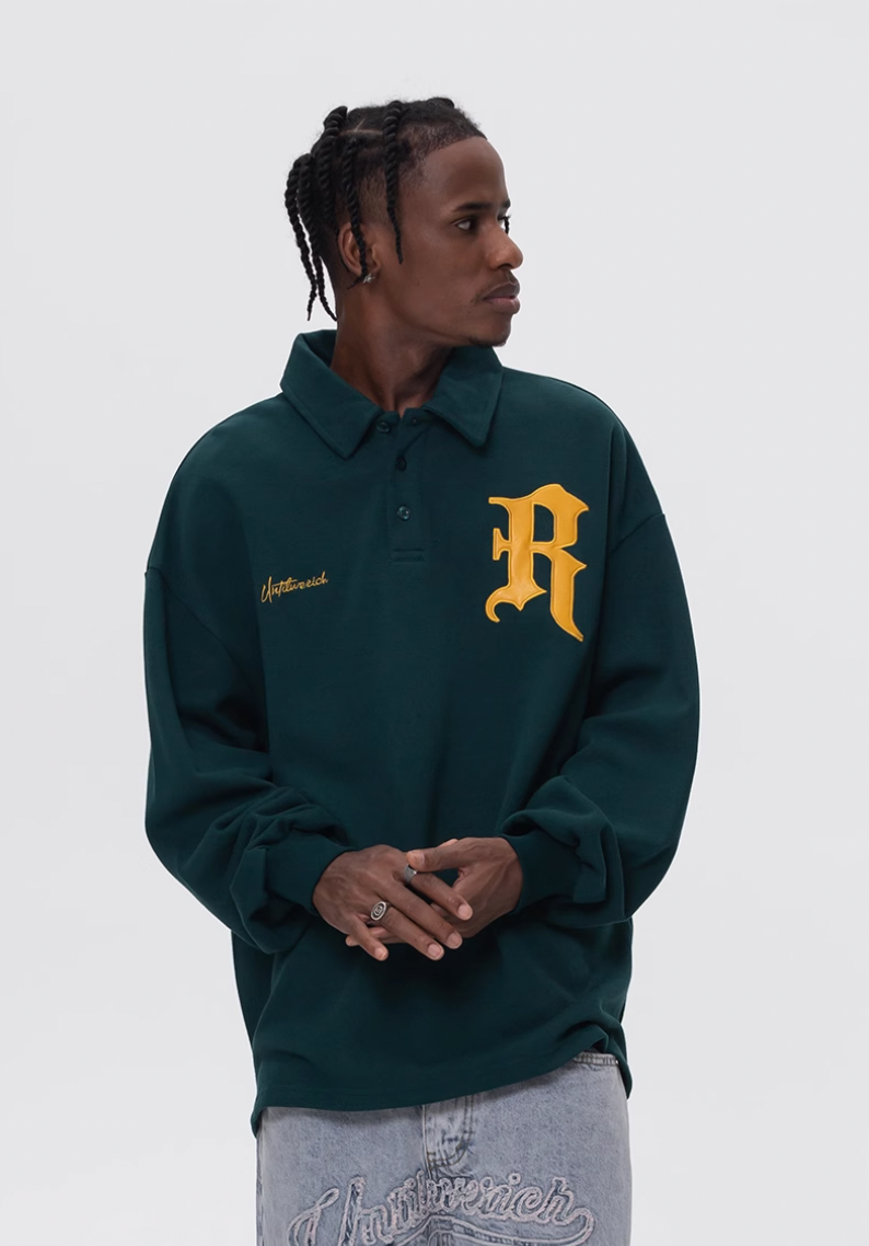 UNTILWERICH Patchwork Leather Embroidery Long Sleeve Polo