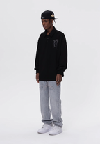 UNTILWERICH Patchwork Leather Embroidery Long Sleeve Polo
