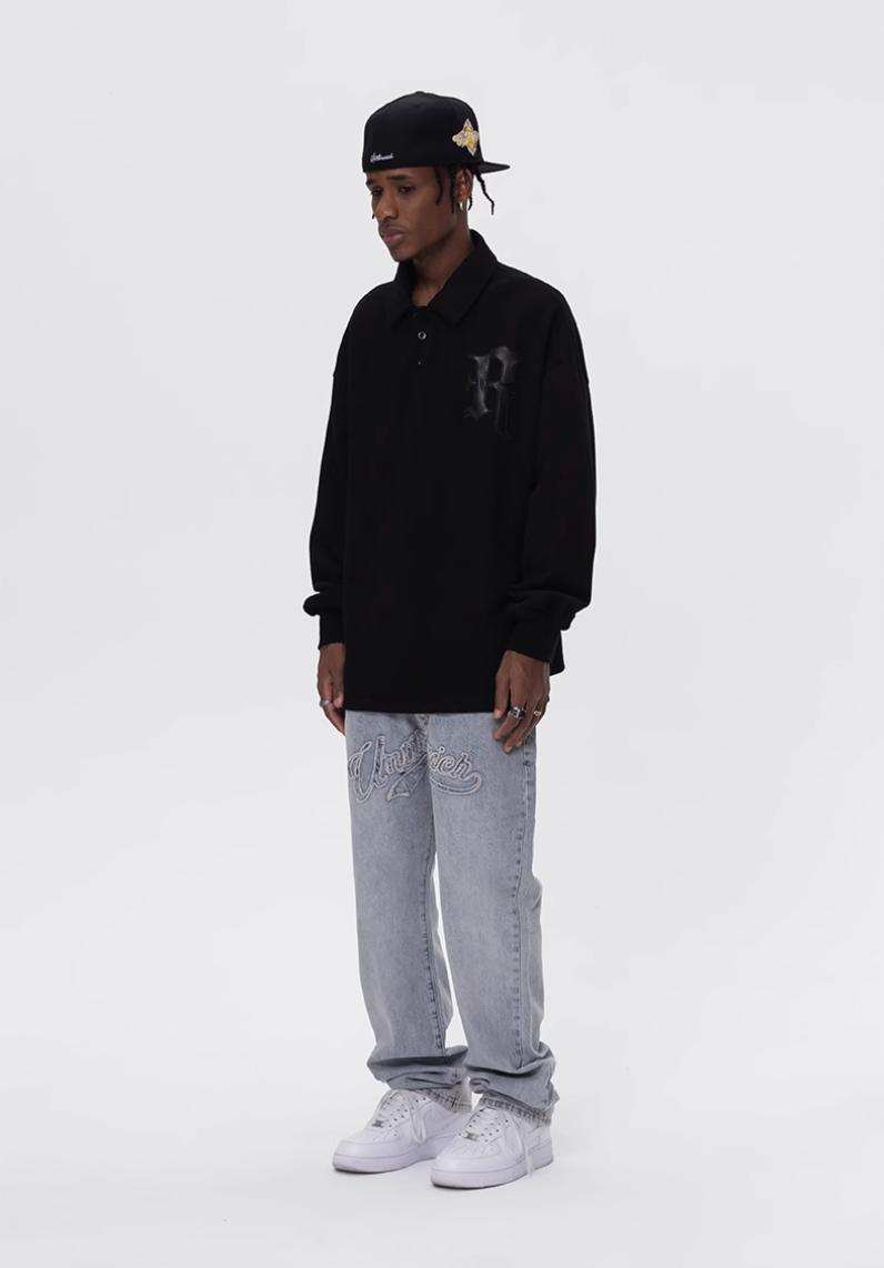 UNTILWERICH Patchwork Leather Embroidery Long Sleeve Polo