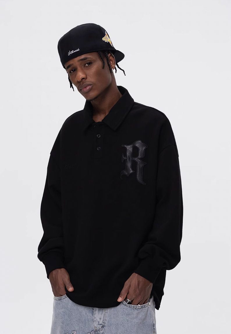 UNTILWERICH Patchwork Leather Embroidery Long Sleeve Polo