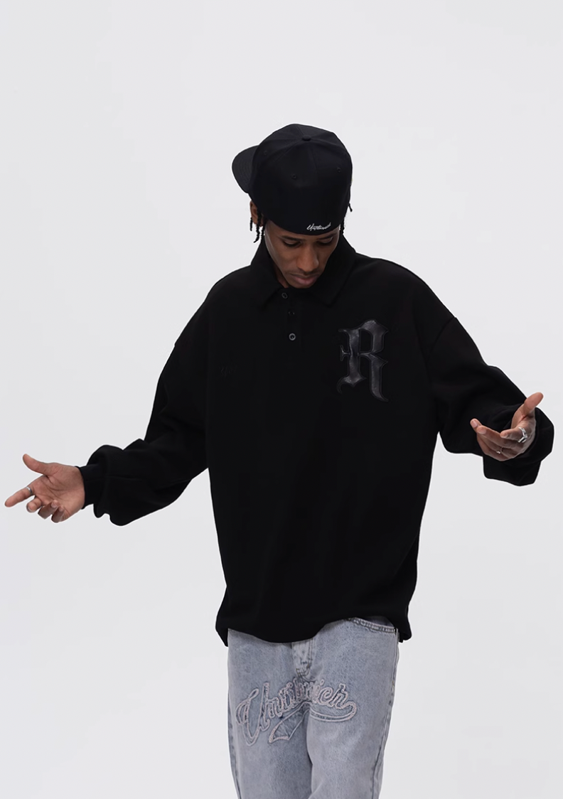 UNTILWERICH Patchwork Leather Embroidery Long Sleeve Polo