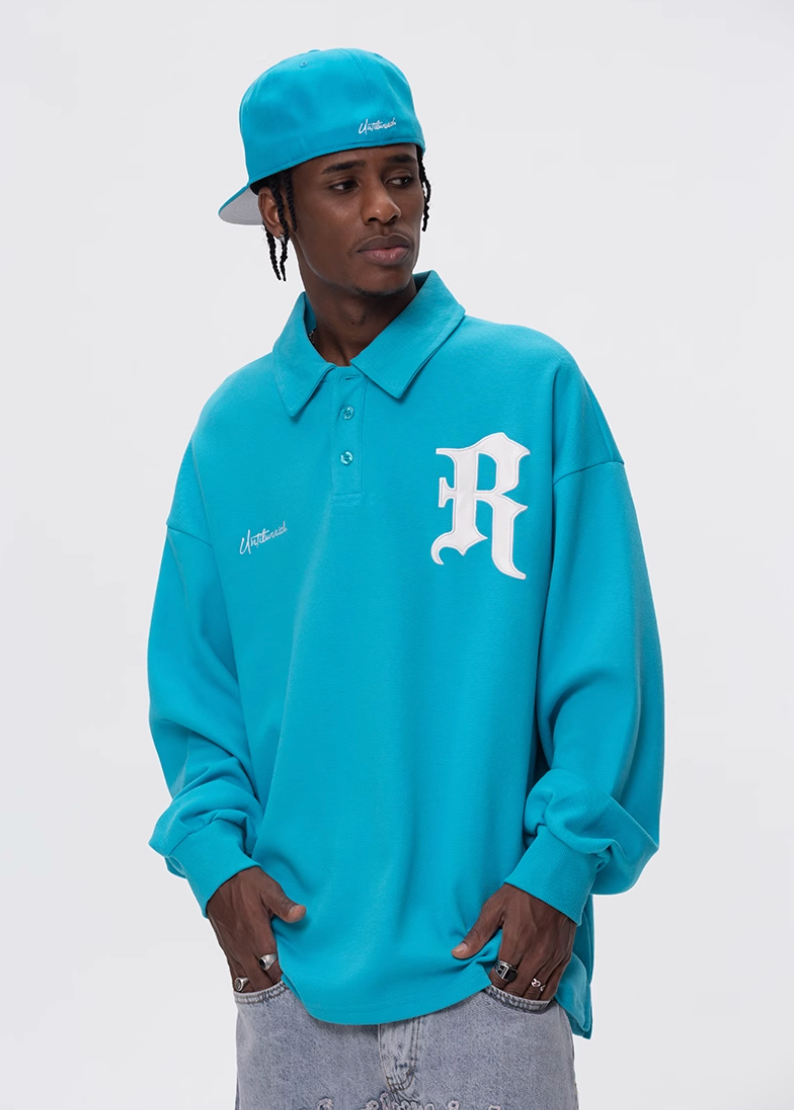 UNTILWERICH Patchwork Leather Embroidery Long Sleeve Polo