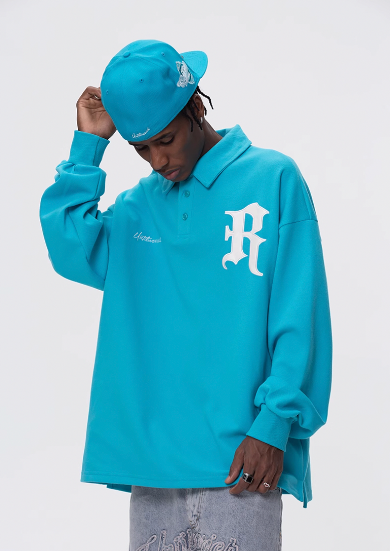 UNTILWERICH Patchwork Leather Embroidery Long Sleeve Polo