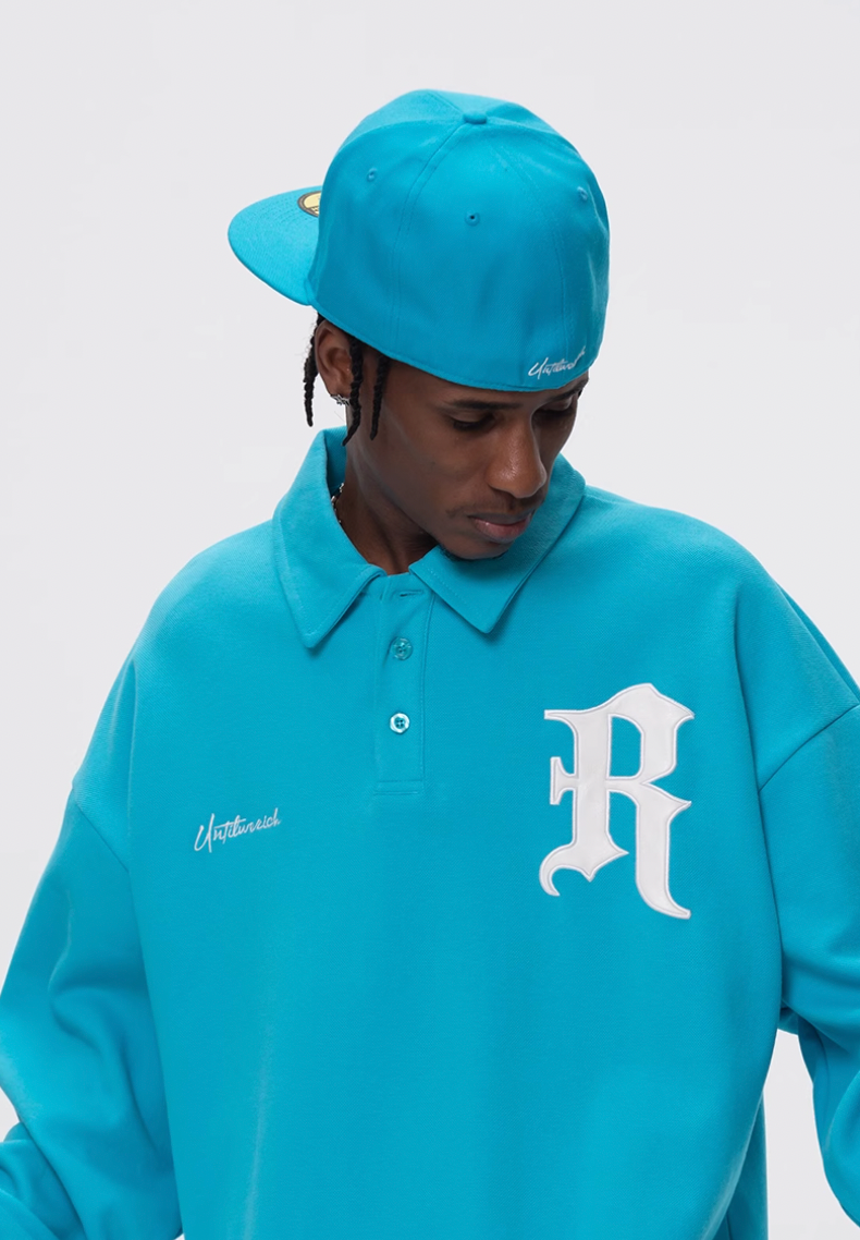 UNTILWERICH Patchwork Leather Embroidery Long Sleeve Polo