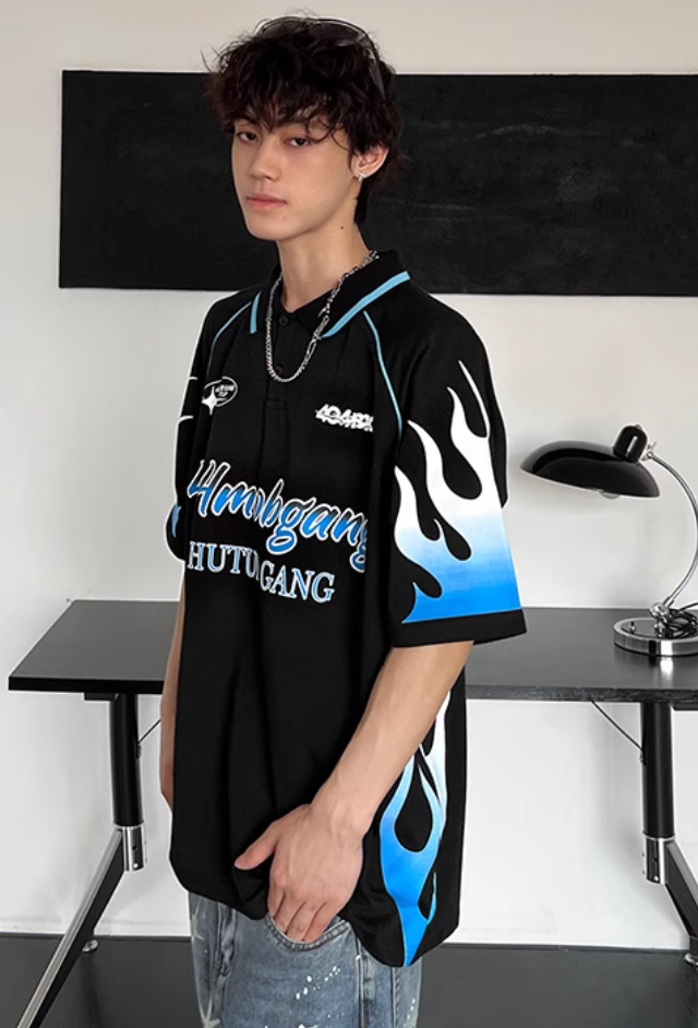 404MOB Flame Printed Lapel Soccer Jersey Polo