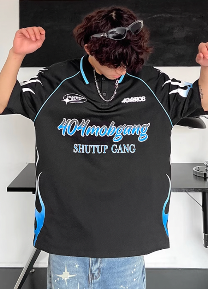404MOB Flame Printed Lapel Soccer Jersey Polo