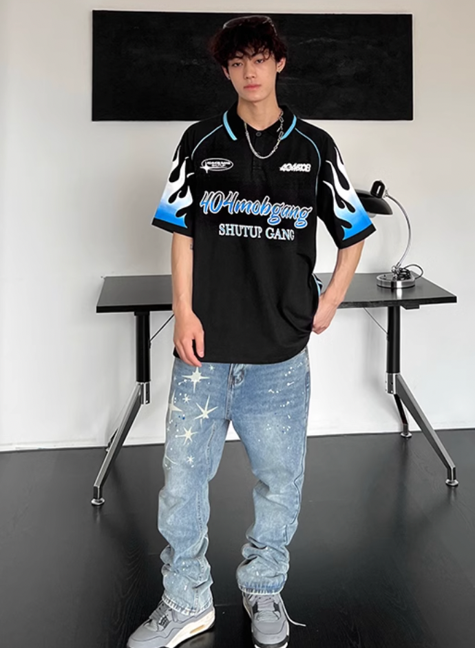 404MOB Flame Printed Lapel Soccer Jersey Polo