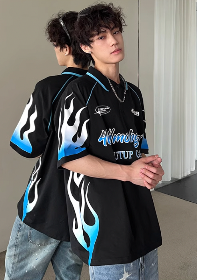 404MOB Flame Printed Lapel Soccer Jersey Polo