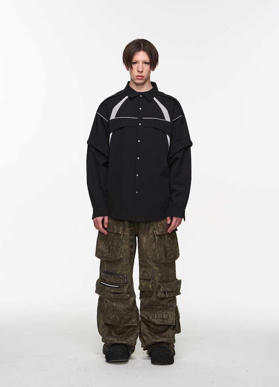 BLIND NO PLAN Detachable Textured Contrast Patchwork Shirt