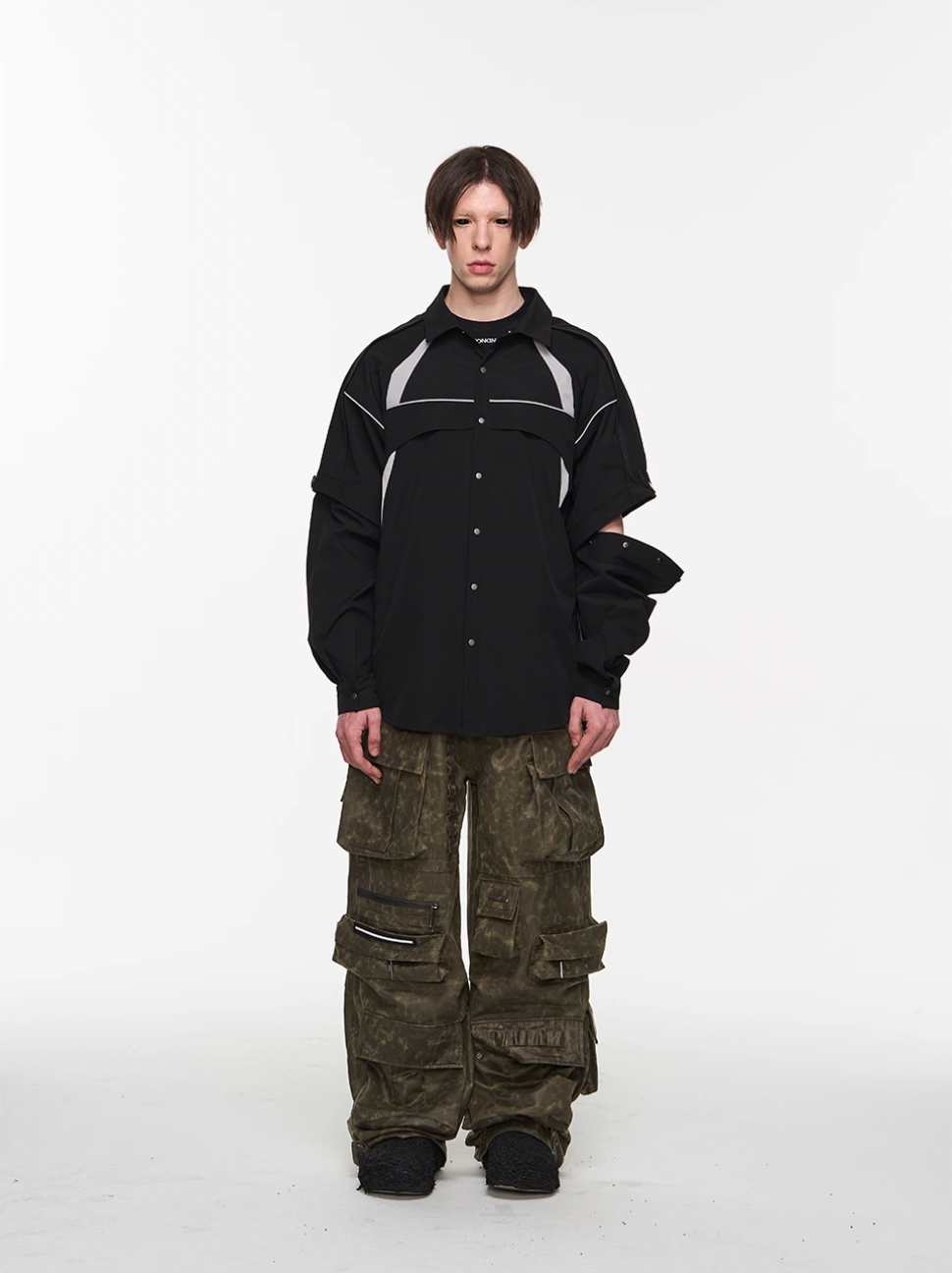 BLIND NO PLAN Detachable Textured Contrast Patchwork Shirt