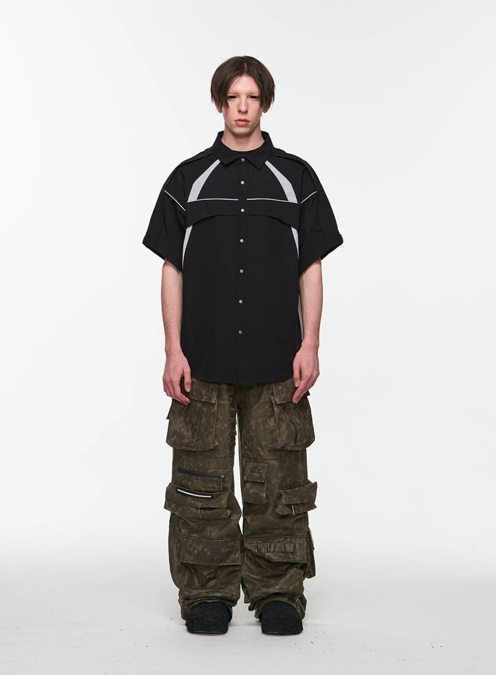BLIND NO PLAN Detachable Textured Contrast Patchwork Shirt