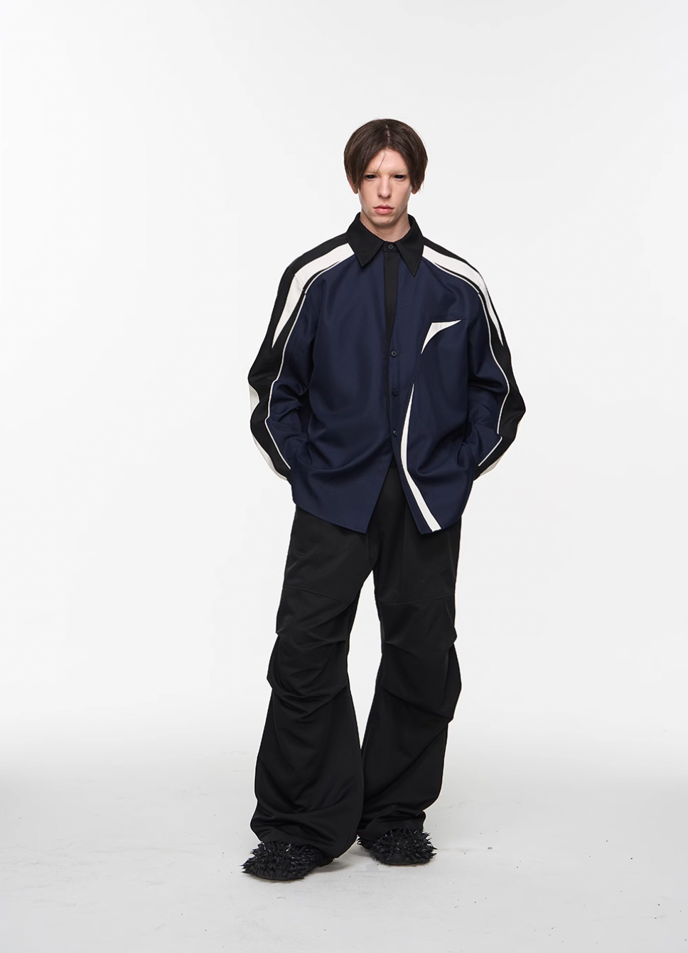 BLIND NO PLAN Asymmetric Colorblocking Long Sleeve Shirt