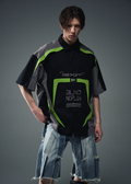 BLIND NO PLAN Colorblocked Racing Heavy Embroidery Short Sleeve Shirt
