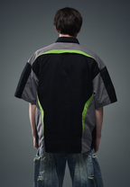 BLIND NO PLAN Colorblocked Racing Heavy Embroidery Short Sleeve Shirt