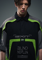 BLIND NO PLAN Colorblocked Racing Heavy Embroidery Short Sleeve Shirt