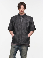 BLIND NO PLAN Patchwork Leather Biker Short Sleeve Shirt