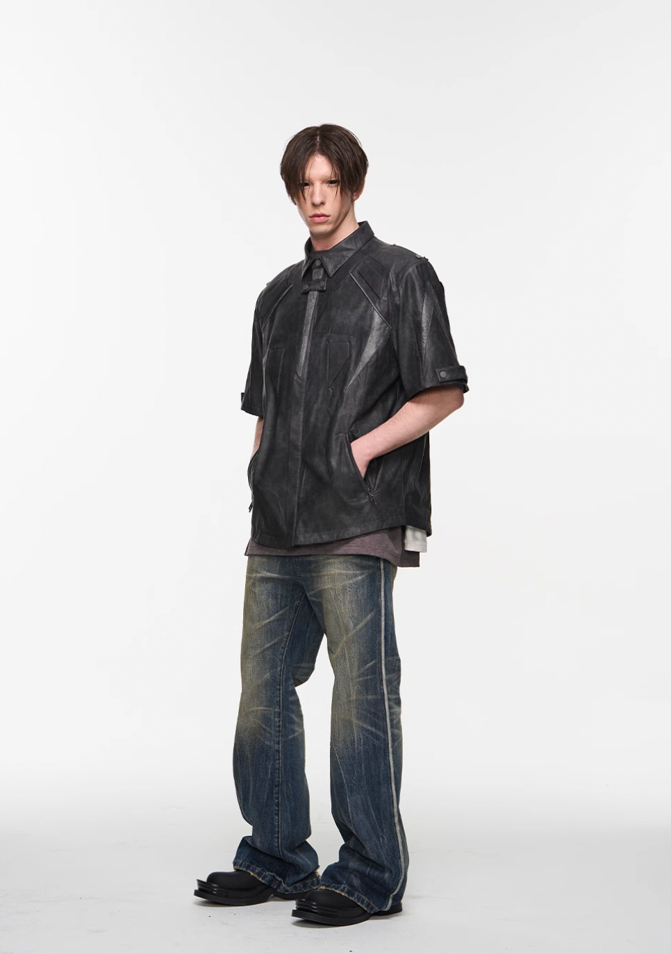 BLIND NO PLAN Patchwork Leather Biker Short Sleeve Shirt