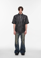 BLIND NO PLAN Patchwork Leather Biker Short Sleeve Shirt