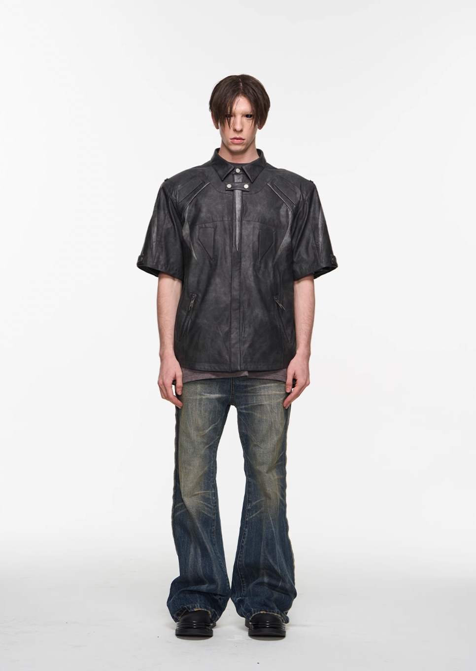 BLIND NO PLAN Patchwork Leather Biker Short Sleeve Shirt