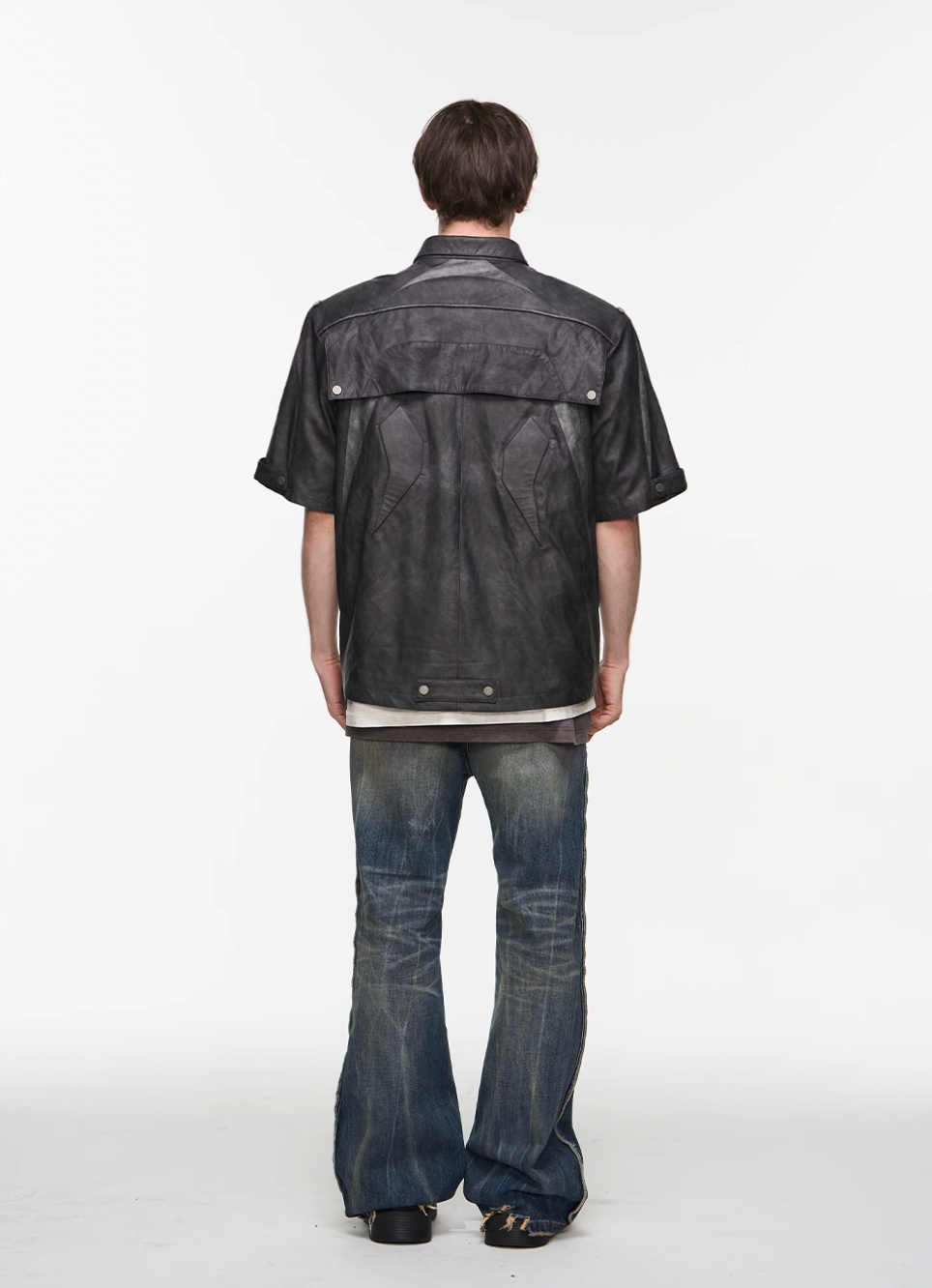 BLIND NO PLAN Patchwork Leather Biker Short Sleeve Shirt