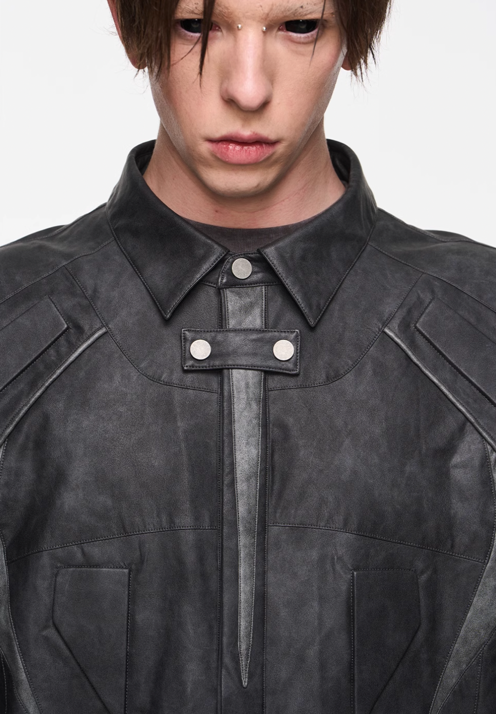 BLIND NO PLAN Patchwork Leather Biker Short Sleeve Shirt