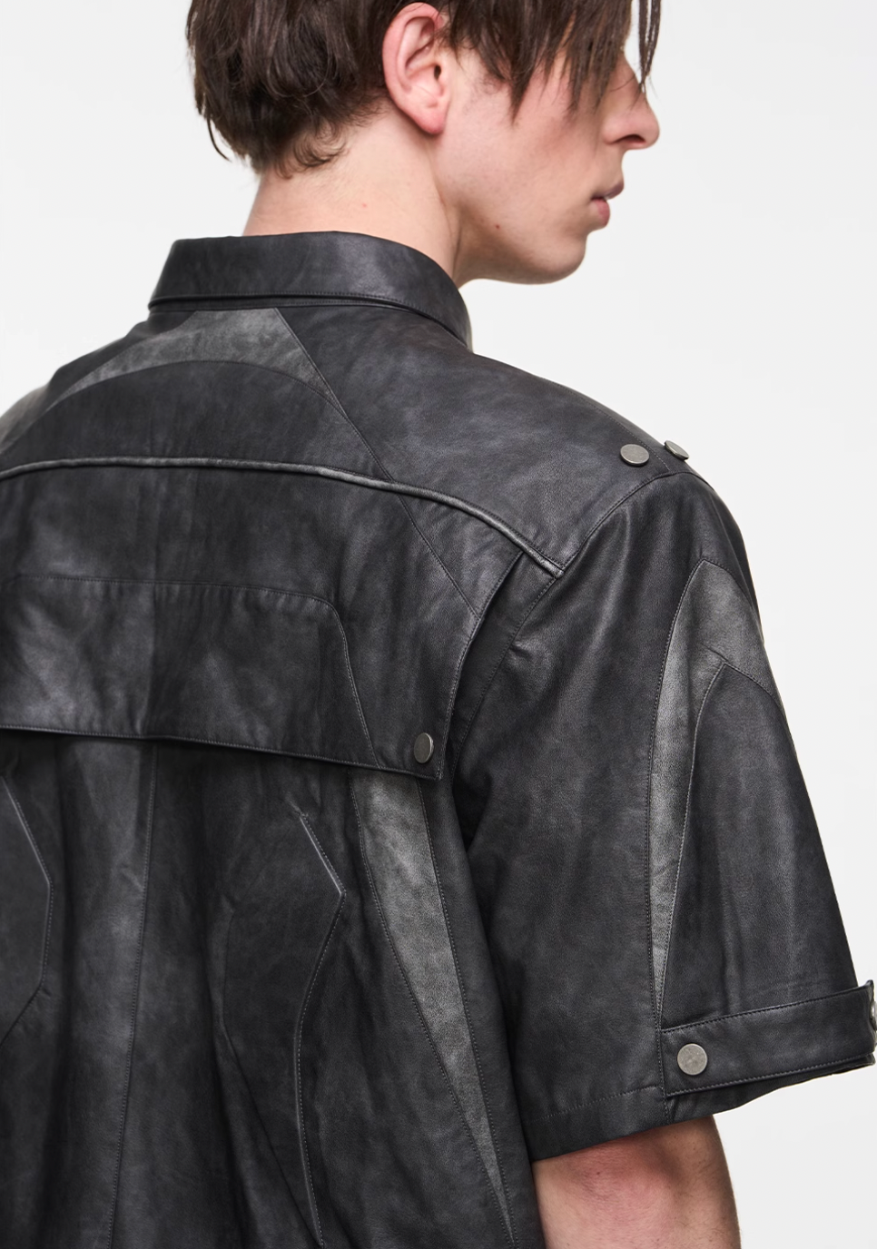 BLIND NO PLAN Patchwork Leather Biker Short Sleeve Shirt