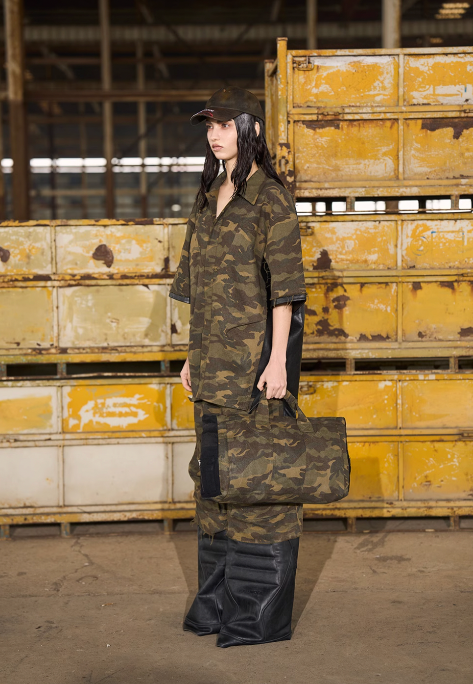 BLIND NO PLAN Camouflage Raw Edge Patchwork Leather Shirt