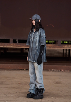 BLIND NO PLAN Washed & Distressed Denim Short Sleeve Shirt