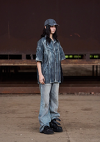 BLIND NO PLAN Washed & Distressed Denim Short Sleeve Shirt