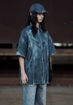 BLIND NO PLAN Washed & Distressed Denim Short Sleeve Shirt
