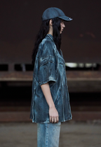 BLIND NO PLAN Washed & Distressed Denim Short Sleeve Shirt