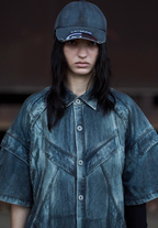 BLIND NO PLAN Washed & Distressed Denim Short Sleeve Shirt