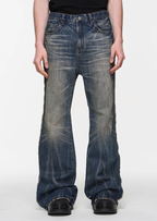 BLIND NO PLAN Blue Washed Whiskered Distressed Bootcut Jeans