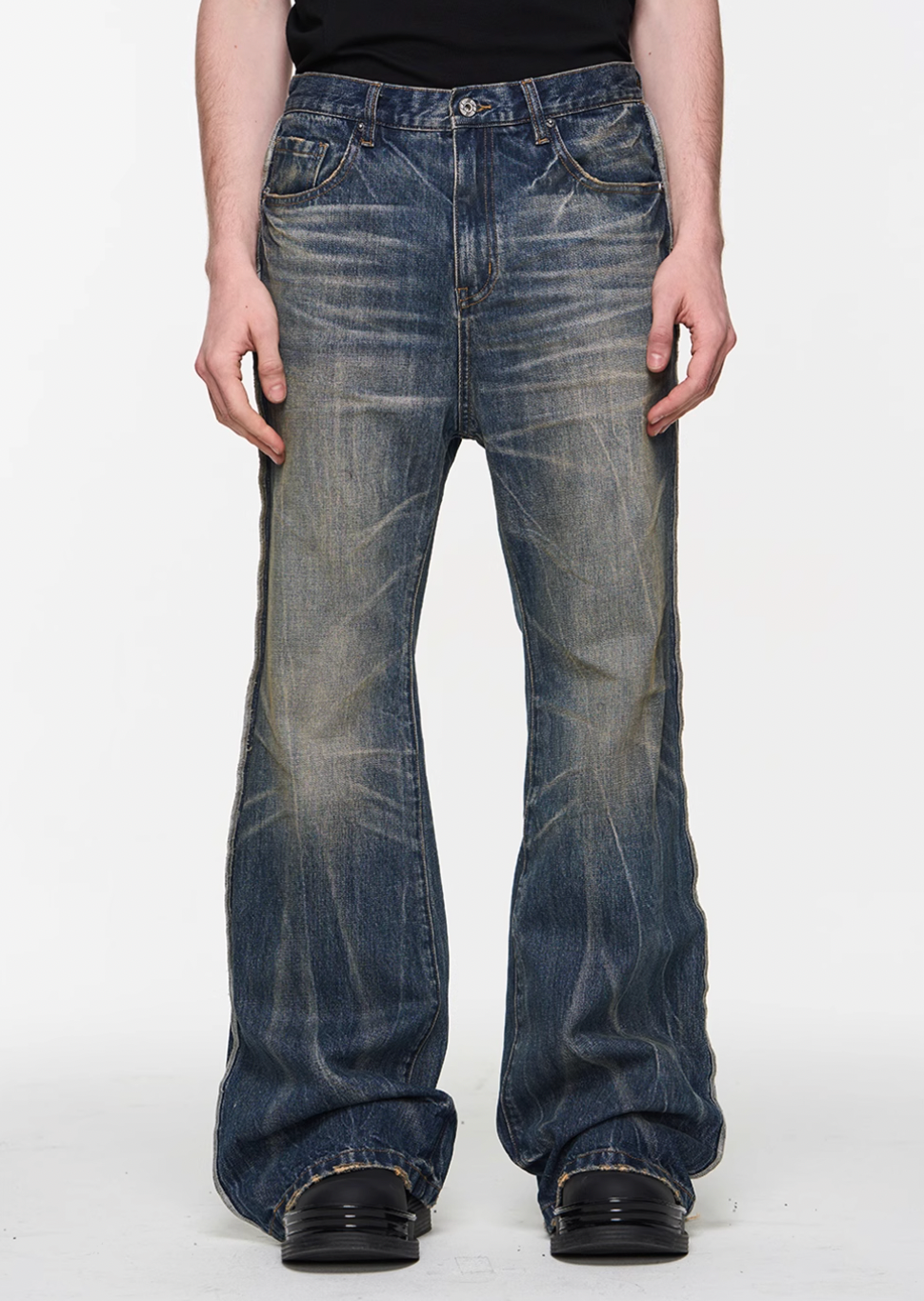 BLIND NO PLAN Blue Washed Whiskered Distressed Bootcut Jeans