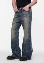 BLIND NO PLAN Blue Washed Whiskered Distressed Bootcut Jeans