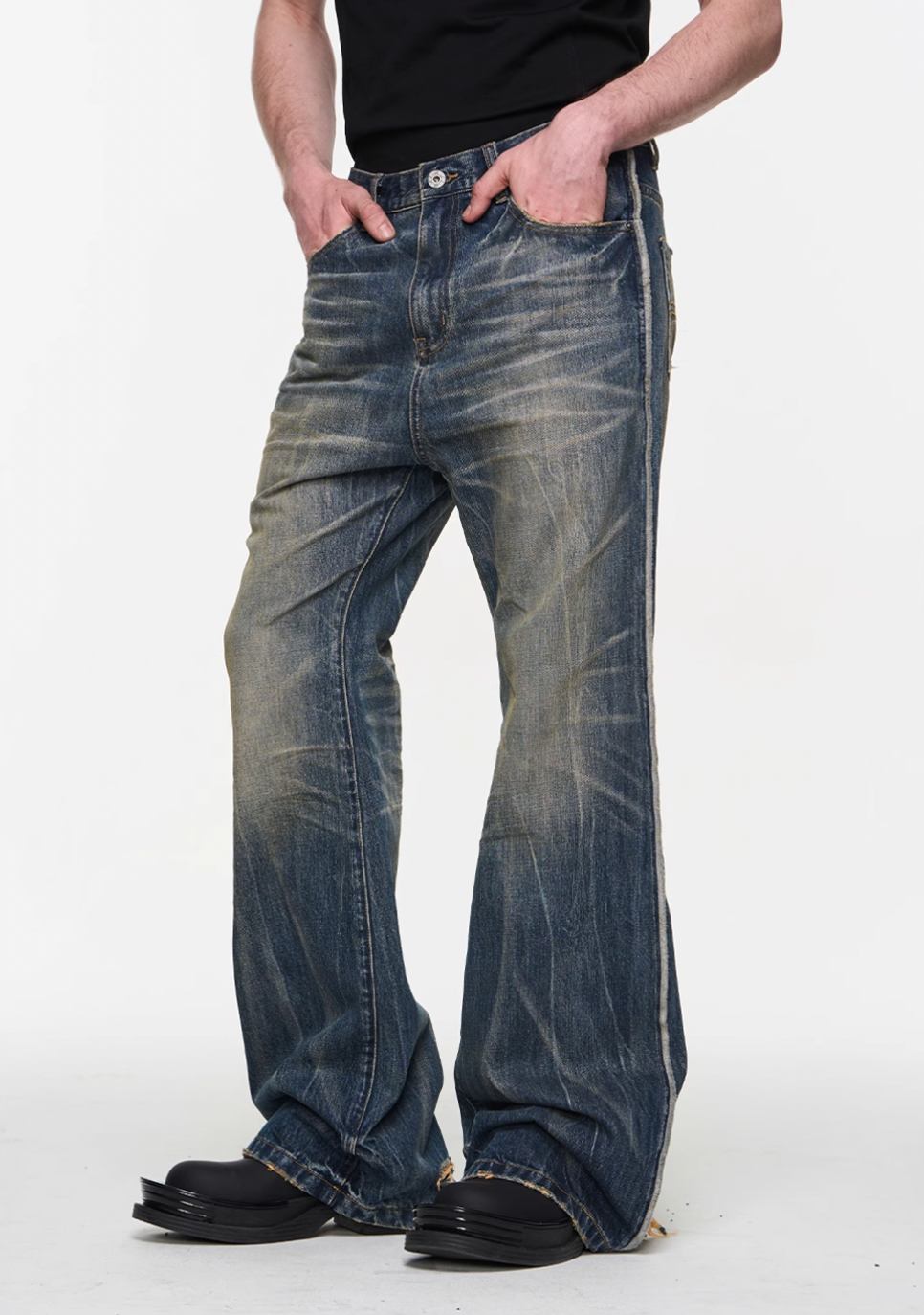 BLIND NO PLAN Blue Washed Whiskered Distressed Bootcut Jeans