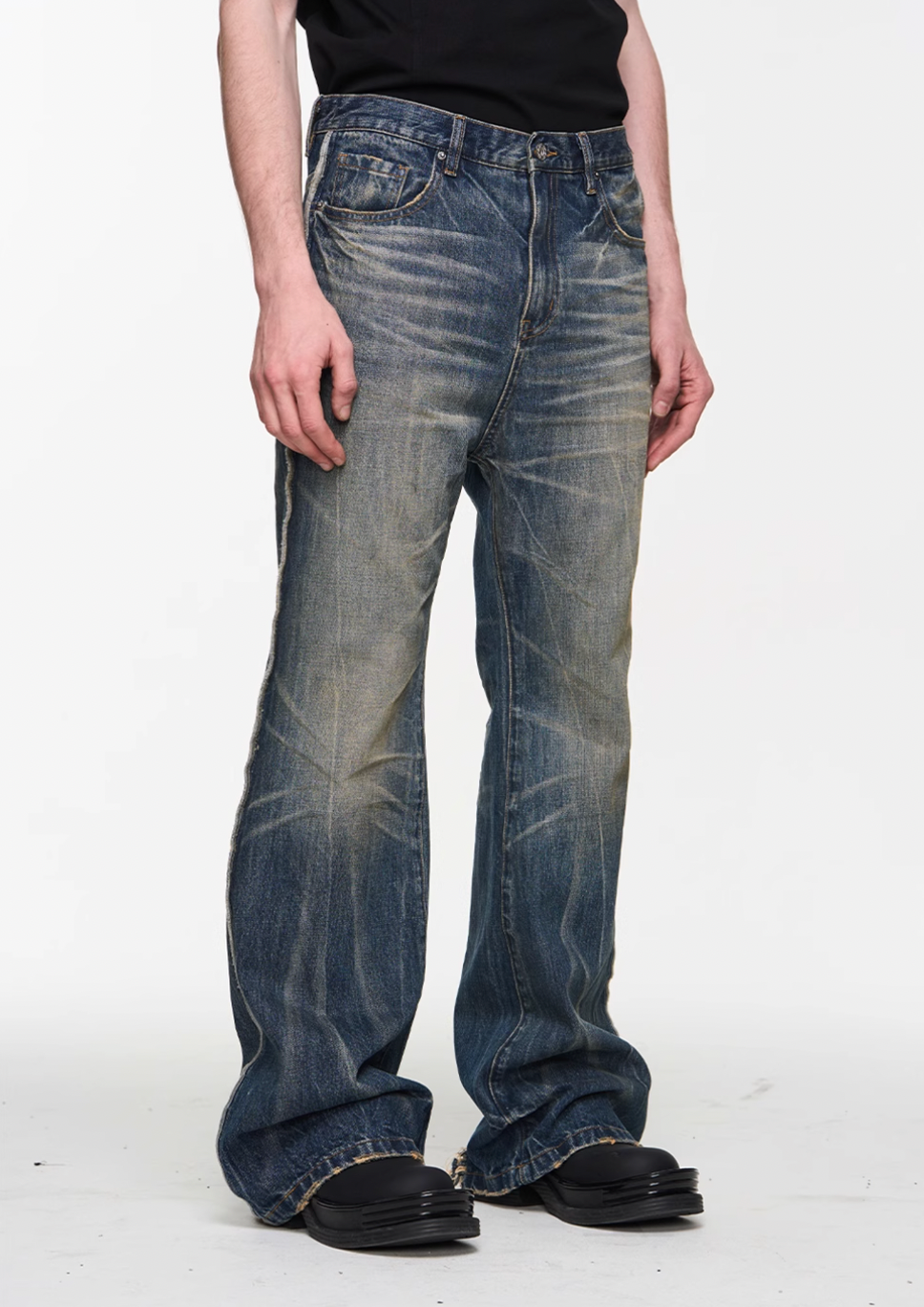 BLIND NO PLAN Blue Washed Whiskered Distressed Bootcut Jeans