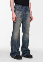 BLIND NO PLAN Blue Washed Whiskered Distressed Bootcut Jeans