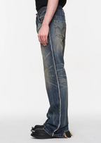 BLIND NO PLAN Blue Washed Whiskered Distressed Bootcut Jeans