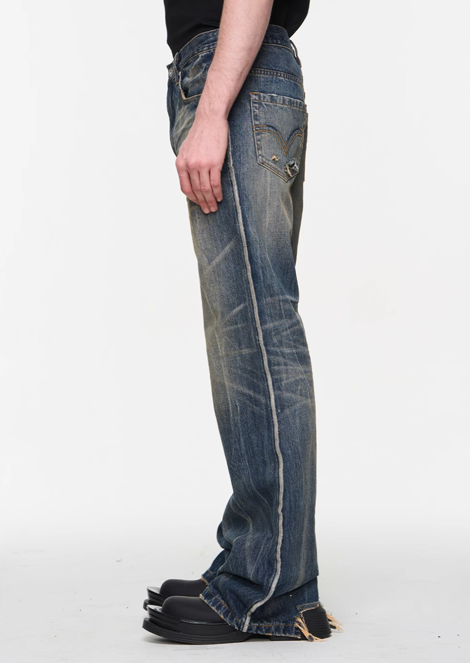 BLIND NO PLAN Blue Washed Whiskered Distressed Bootcut Jeans