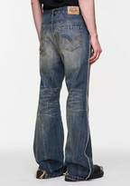 BLIND NO PLAN Blue Washed Whiskered Distressed Bootcut Jeans