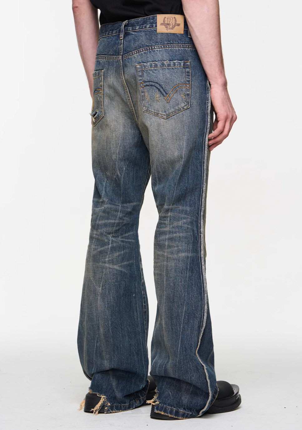 BLIND NO PLAN Blue Washed Whiskered Distressed Bootcut Jeans