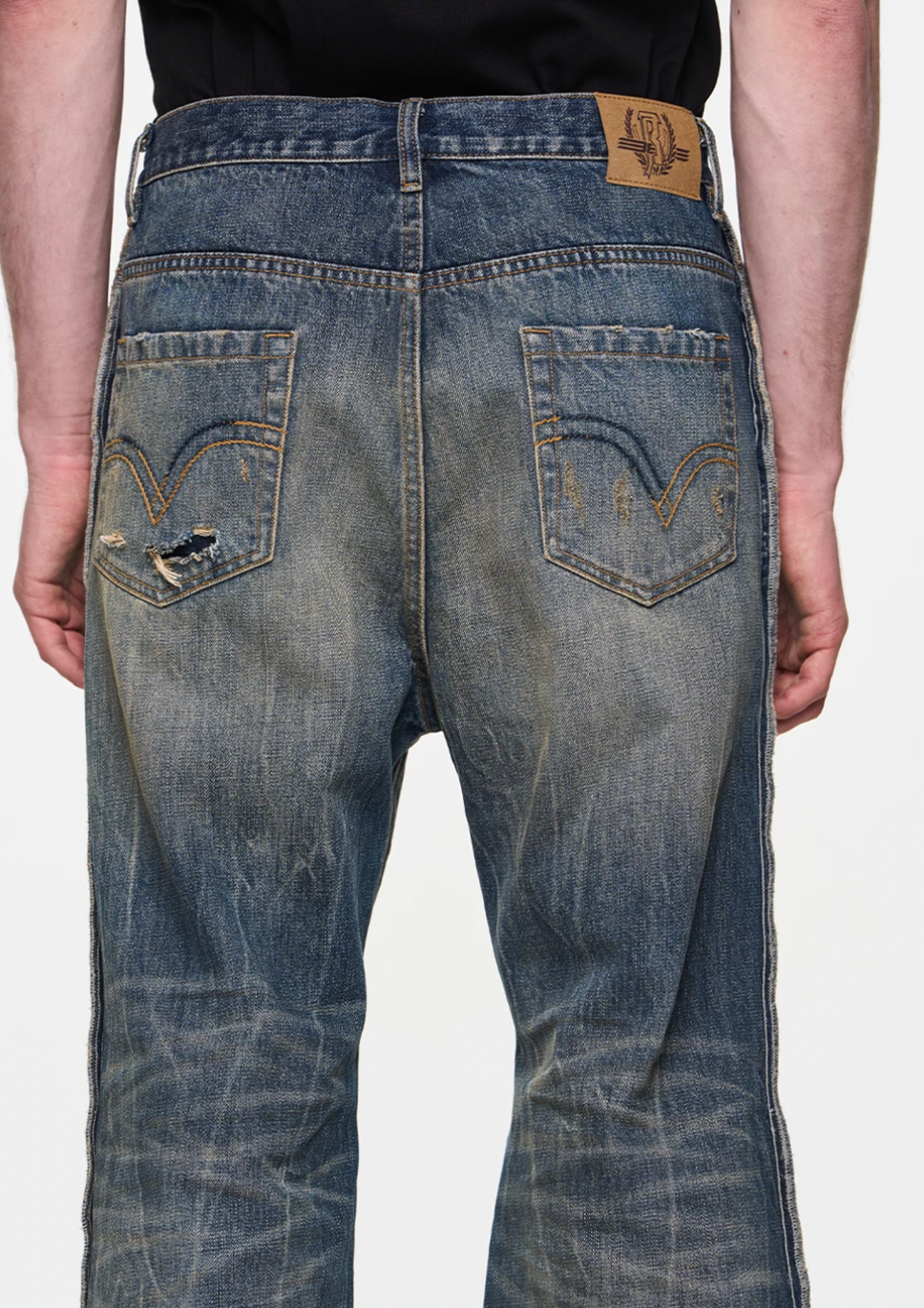 BLIND NO PLAN Blue Washed Whiskered Distressed Bootcut Jeans