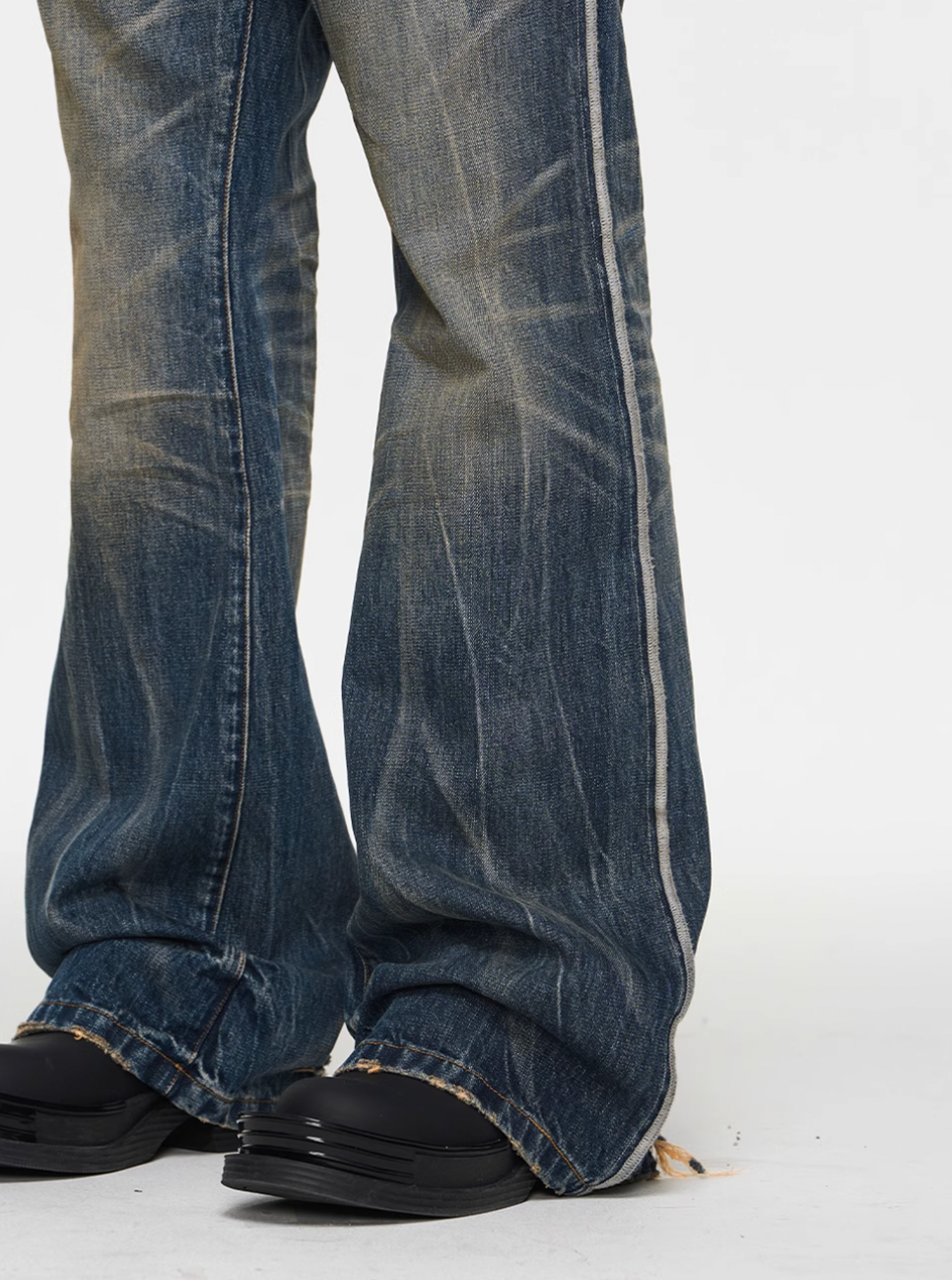 BLIND NO PLAN Blue Washed Whiskered Distressed Bootcut Jeans