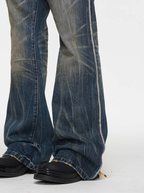 BLIND NO PLAN Blue Washed Whiskered Distressed Bootcut Jeans