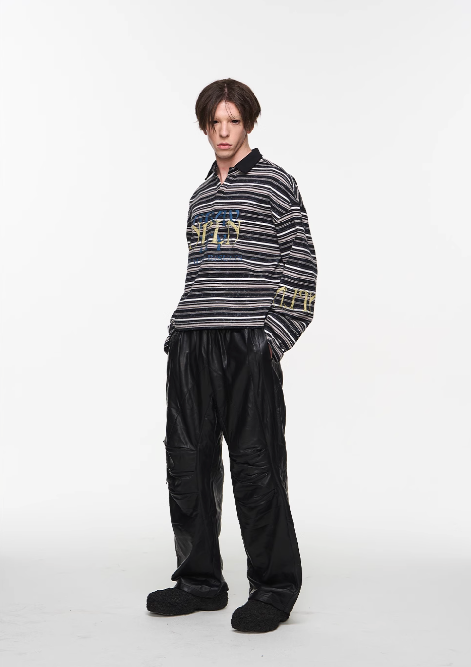 BLIND NO PLAN Washed Distressed Stripe Crackle Print Long Sleeve Polo