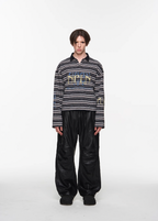 BLIND NO PLAN Washed Distressed Stripe Crackle Print Long Sleeve Polo