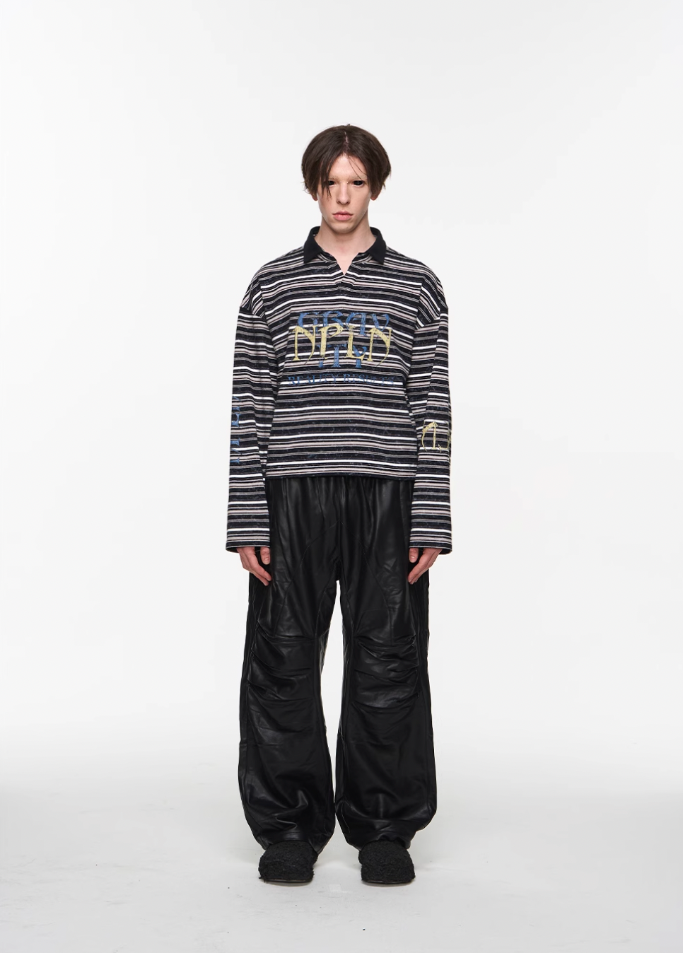 BLIND NO PLAN Washed Distressed Stripe Crackle Print Long Sleeve Polo