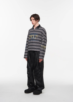 BLIND NO PLAN Washed Distressed Stripe Crackle Print Long Sleeve Polo