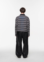 BLIND NO PLAN Washed Distressed Stripe Crackle Print Long Sleeve Polo